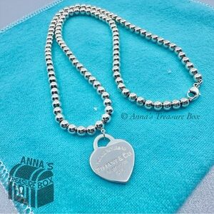 Return To Tiffany & Co. 925 Silver Mini Heart Tag 4mm Beaded Necklace 16" (pch)
